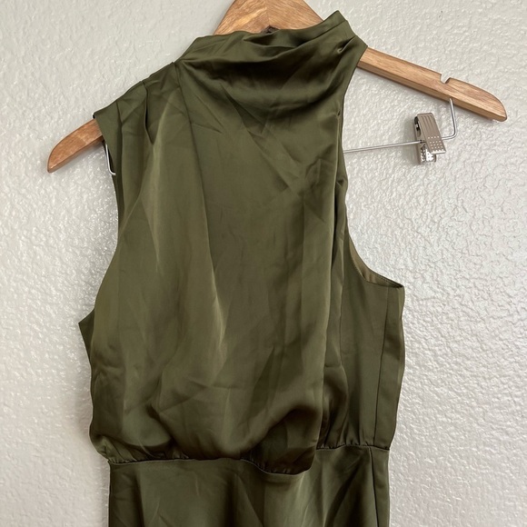 NWOT Distinctive Charm Olive Green Satin Asymmetrical Midi Dress - Picture 4 of 9